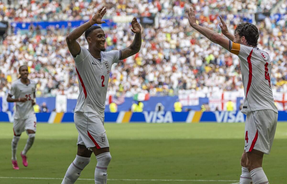 England defender Ezri Konsa (2) celebrates with midfielder Declan Rice (4) after scoring against France in the first half of their FIFA World Cup 2026 third-place soccer match at Hard Rock Stadium (Miami Stadium) on Saturday, July 18, 2026 in Miami Gardens, Fla.