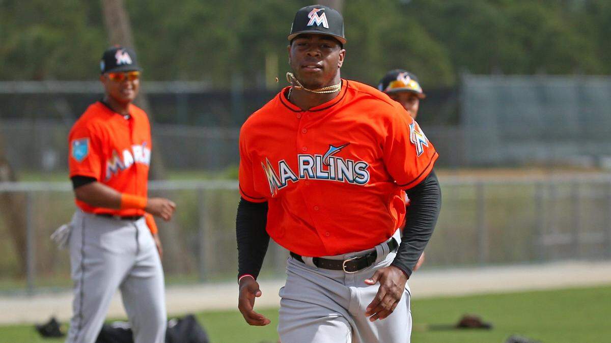 Marlins outfielder Monte Harrison, considered the organization’s top prospect, runs to home plate during spring training workouts in February in Jupiter.  Harrison has hit 18 home runs but is batting .242 at Double A Jacksonville.