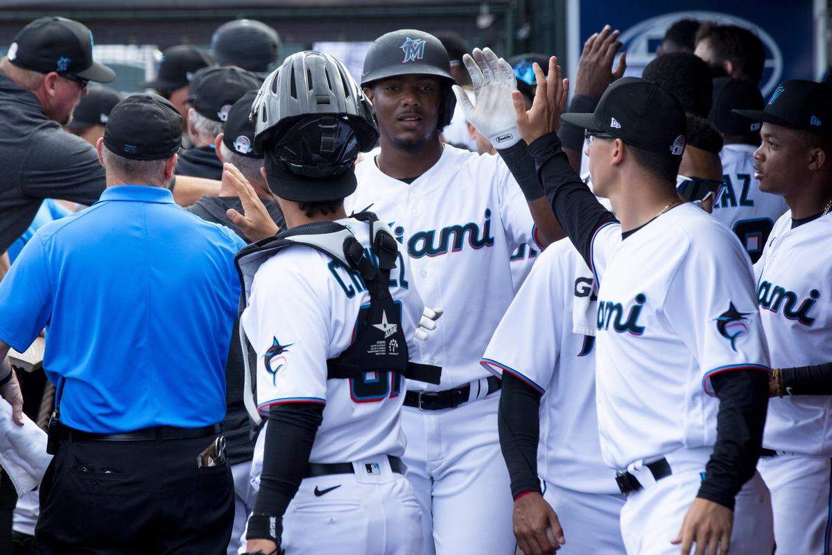 Miami Marlins outfielder Jerar Encarnacion (89) reacts in the dugout after scoring in the bottom of the eighth inning of a Spring Training game against the Washington Nationals at Roger Dean Chevrolet Stadium in Jupiter, Florida on Sunday, February 23, 2020.