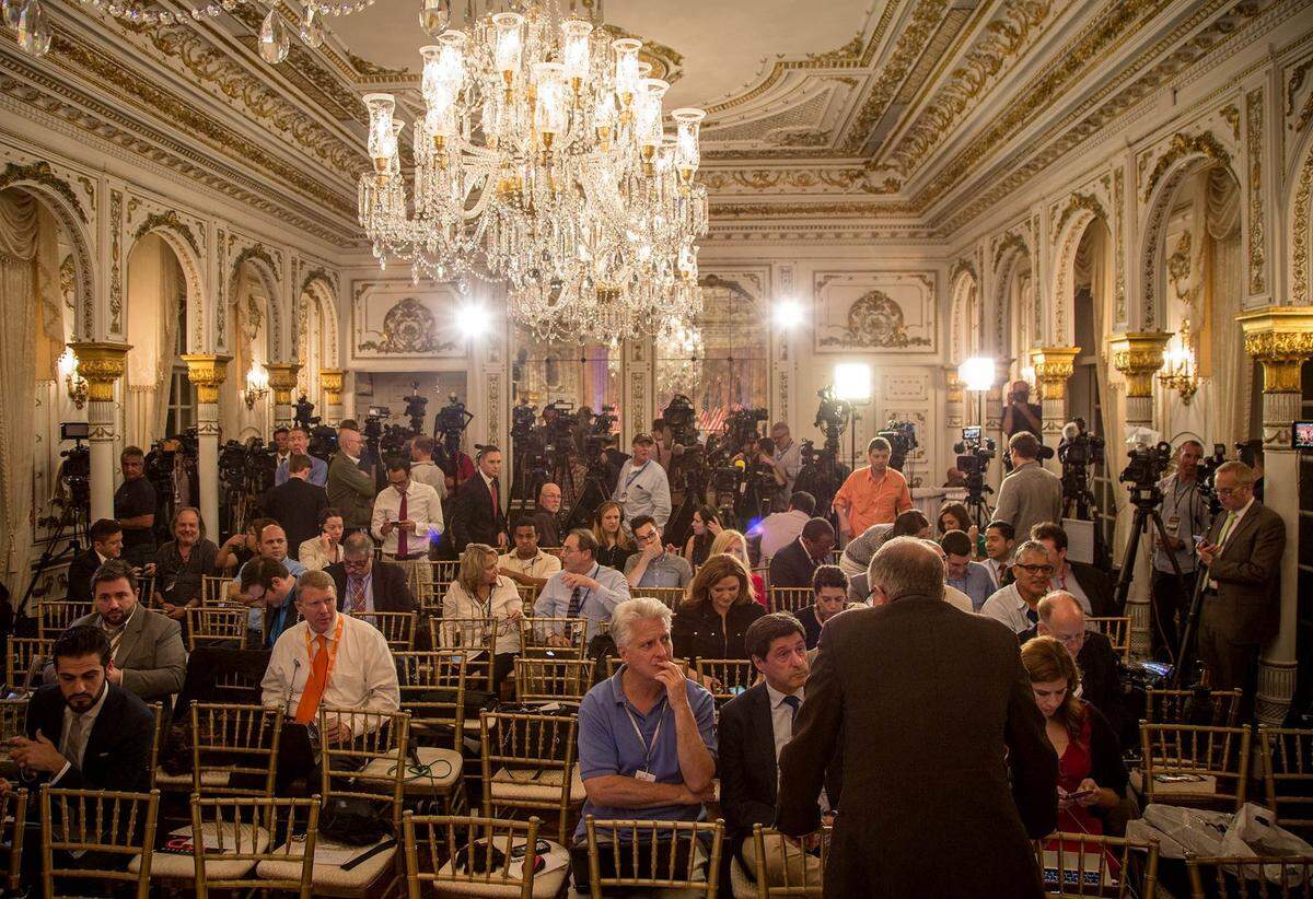 In March 2016, the White and Gold Ballroom at Mar-A-Lago is set up for Donald J. Trump’s Super Tuesday press conference, Palm Beach, Florida.