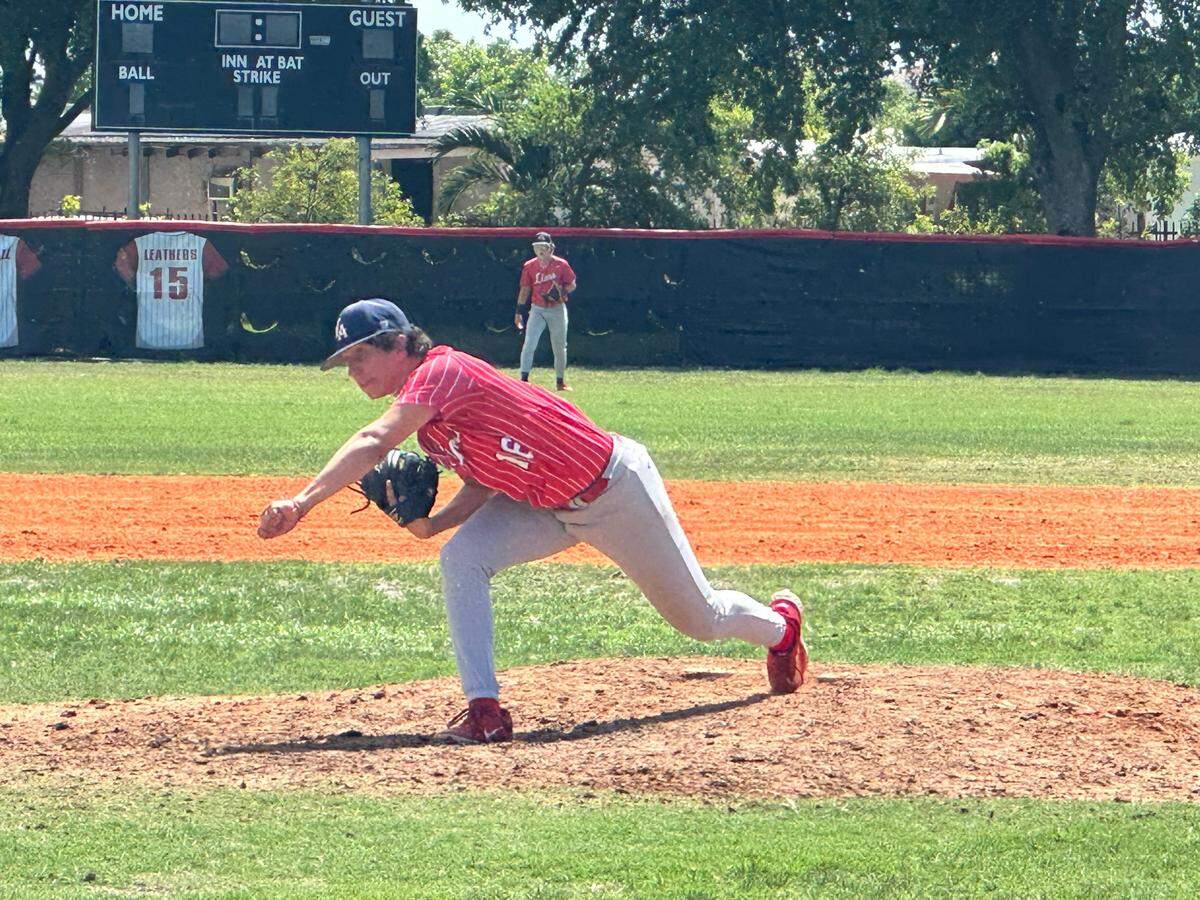 Westminster Academy reliever Greg Connors pitches against Miami Christian during Tuesday’s 9-4 win in the Region 4-2A final at Miami Christian.