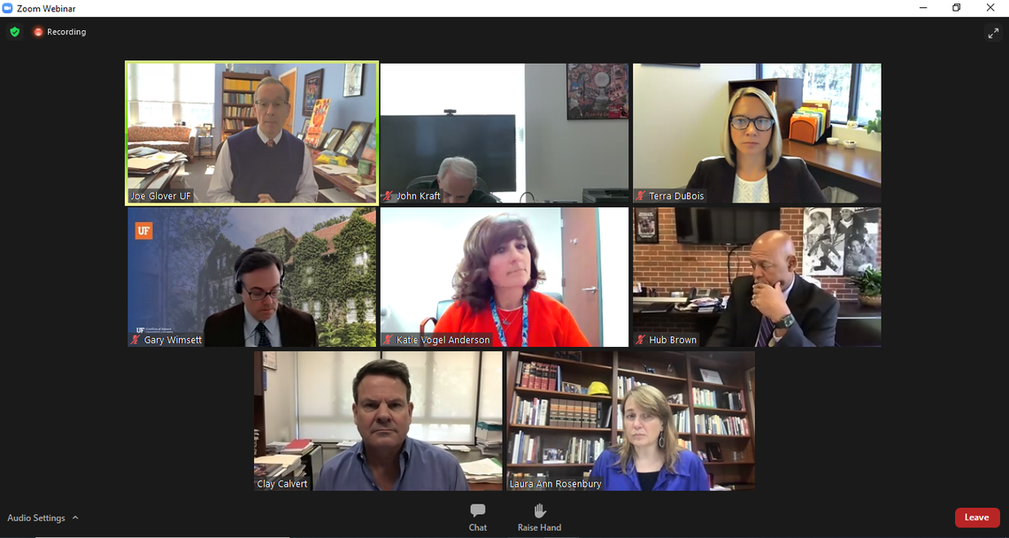 A screenshot of the inaugural meeting of the University of Florida task force in charge of reviewing the university’s conflict-of-interest policy on Tuesday, Nov. 9, 2021. UF faced backlash after it barred three political science professors from testifying in a lawsuit against the state, relating to voting access.