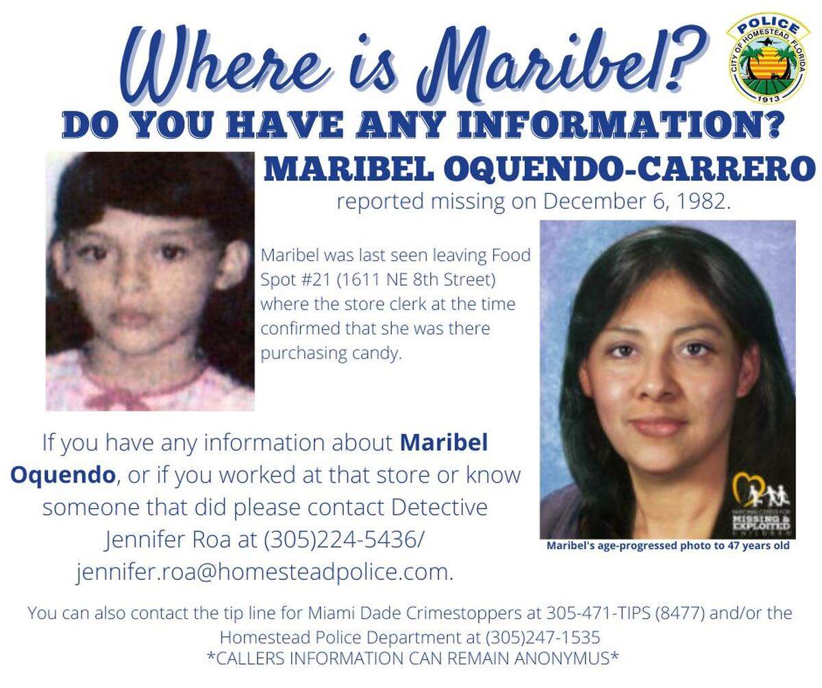 A missing persons flier for Maribel Oquendo, who was 9 when she vanished on Dec. 6, 1982.