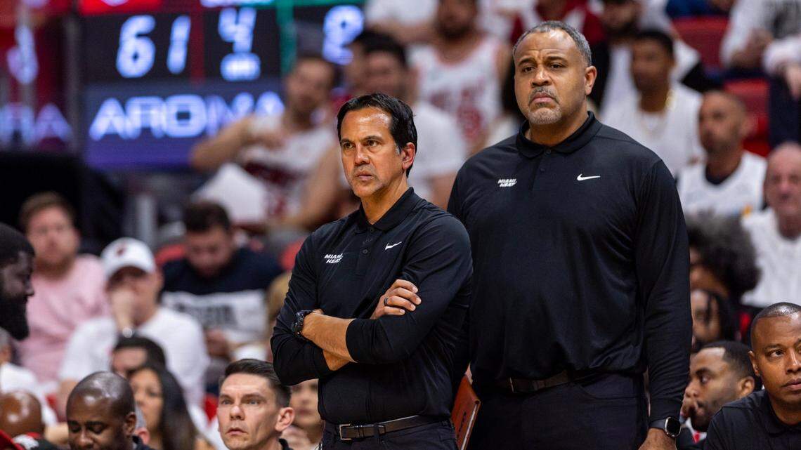Miami Heat head coach Erik Spoelstra and assistant coach Malik Allen look on during the second half of Game 3 of a first-round playoff series against the Boston Celtics at Kaseya Center in Miami on Saturday, April 27, 2024.