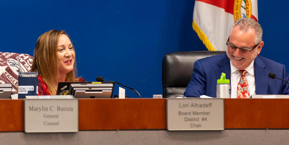 Broward County School Board Chair Lori Alhadeff and superintendent Peter Licata react during a school board meeting at the Kathleen C. Wright Building on Tuesday, Nov. 14, 2023, in Fort Lauderdale, Fla.