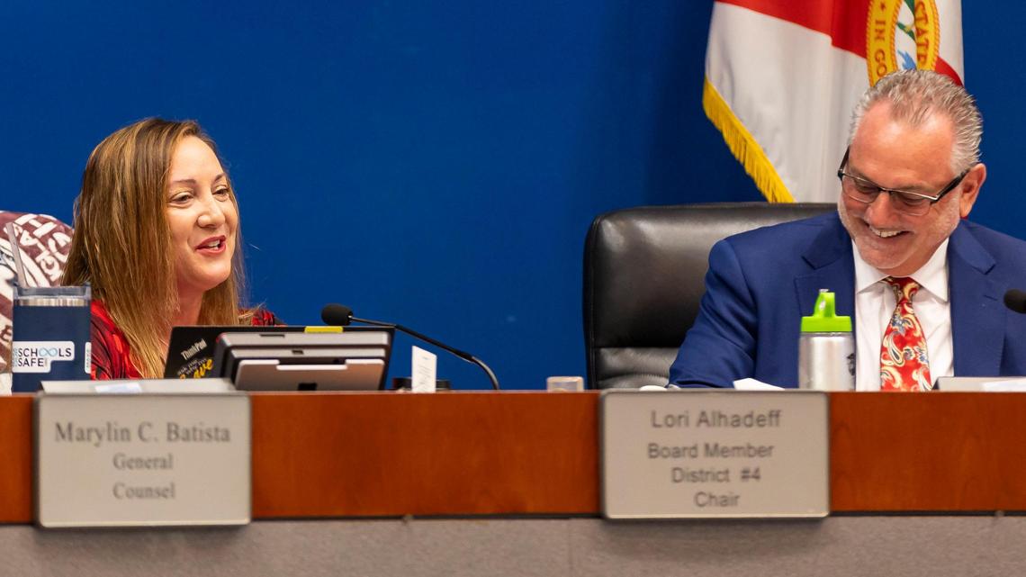 Broward County School Board Chair Lori Alhadeff and superintendent Peter Licata react during a school board meeting at the Kathleen C. Wright Building on Tuesday, Nov. 14, 2023, in Fort Lauderdale, Fla.