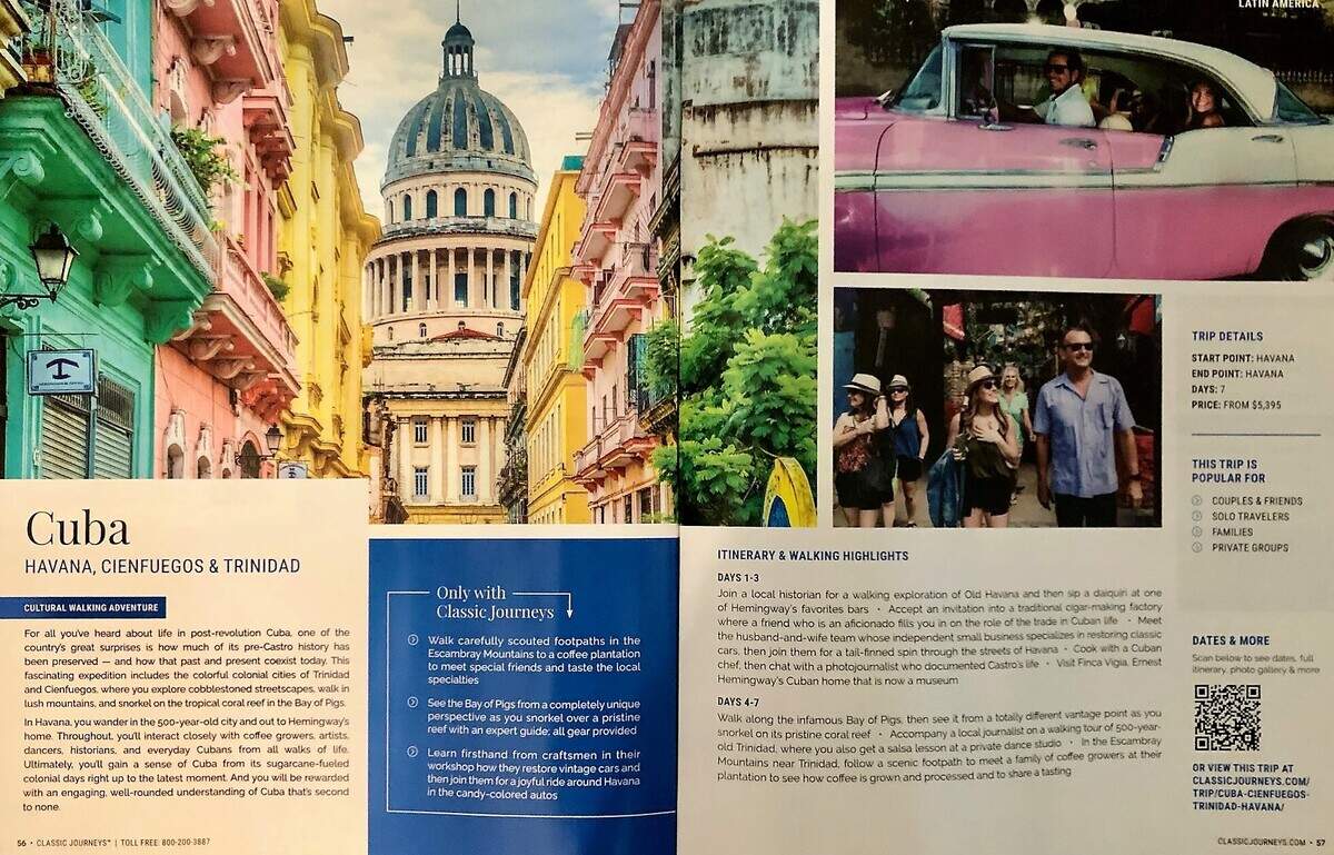 As Cubans flee in a mass record migration to Florida, the Classic Journeys 2023 travel catalog arriving in American homes features a luxury 7-day trip to a pastel-filtered Cuba that costs $5,395 per person.  