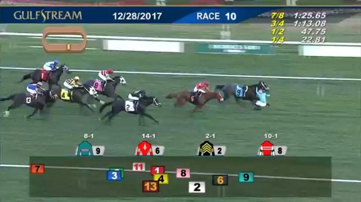 A bettor missed out on a $500,000-plus payoff when the jockey fell off his horse in the 10th race Thursday, Dec. 28, 2017, at Gulfstream Park in Hallandale Beach, Fla.