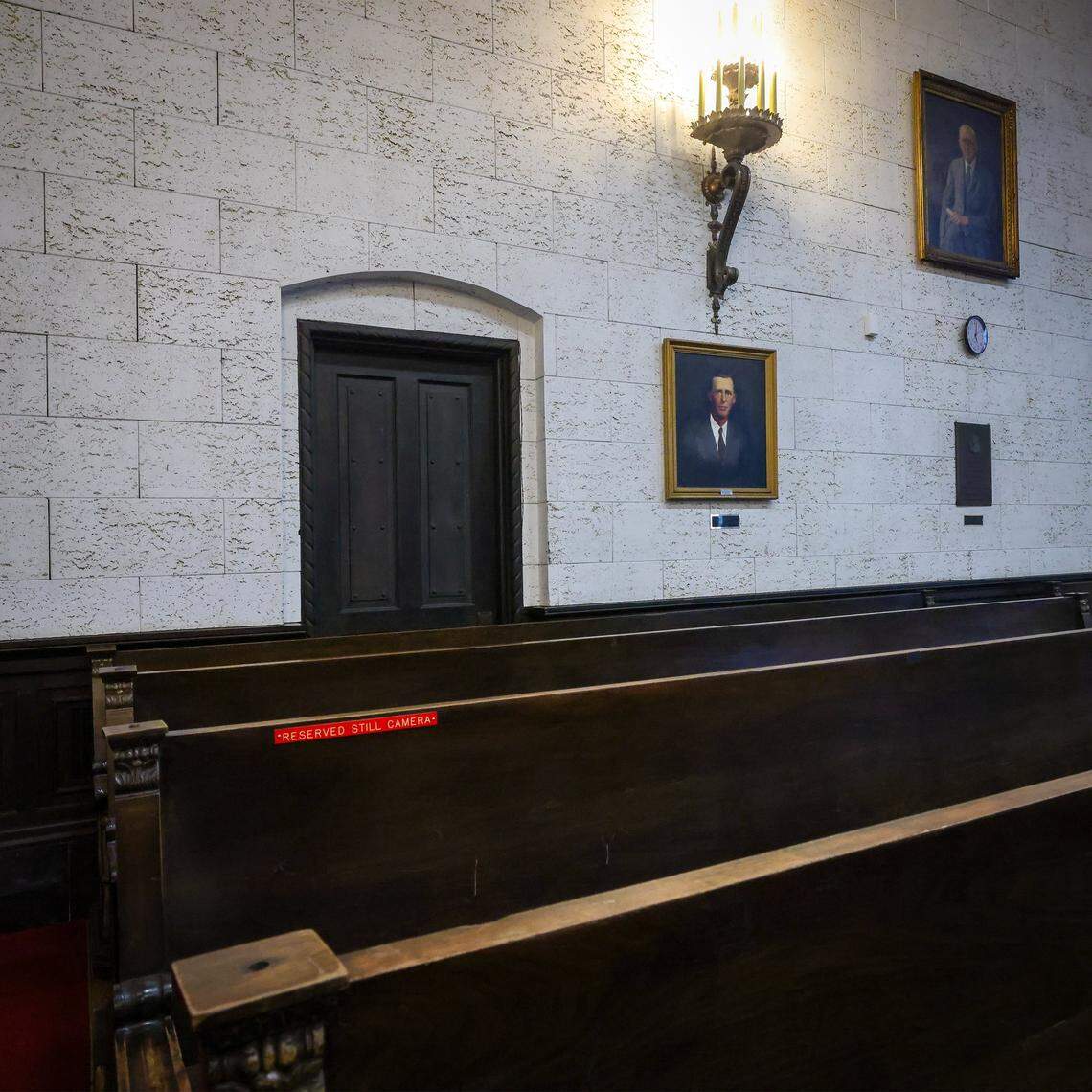 The seating area for the members of the press along with the interior of Courtroom 6-3 are part of the repair and restoration of the old courthouse in Miami, Florida, on Wednesday, January 14, 2026. The Dade County Courthouse is significant as an excellent example of Neo-Classical architecture. The detailing of the remaining historic interior spaces and features continue to reflect this distinctive style and contributes to a more complete understanding of the historic character of the Courthouse.