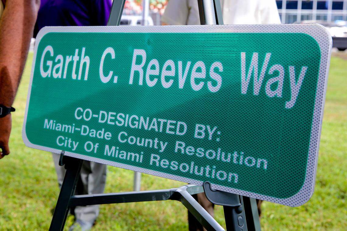 The street sign that designated a portion of Northwest Sixth Street in Overtown as Garth C. Reeves Way, in a ceremony held on Nov. 3, 2017.