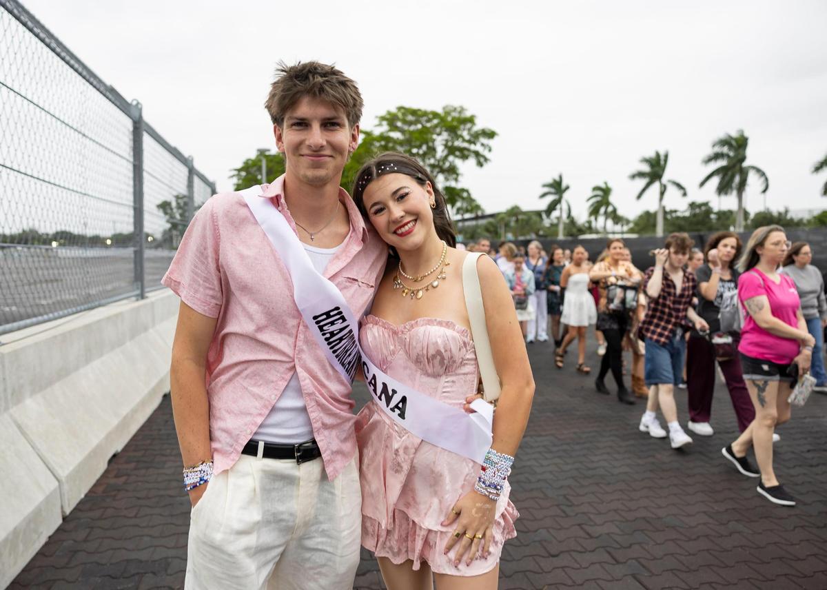 Torren Hill, 19, and Emily Eaton, 19, from Bozeman, Montana, arrive to Hard Rock Stadium to watch Taylor Swift’s The Eras Tour on Friday, Oct.18, 2024, in Miami Gardens, Fla.