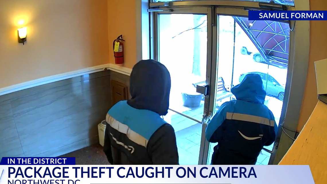 A woman wearing an Amazon jacket followed a delivery driver into a co-op in Washington, D.C., then stole several packages after he left, security video shows.