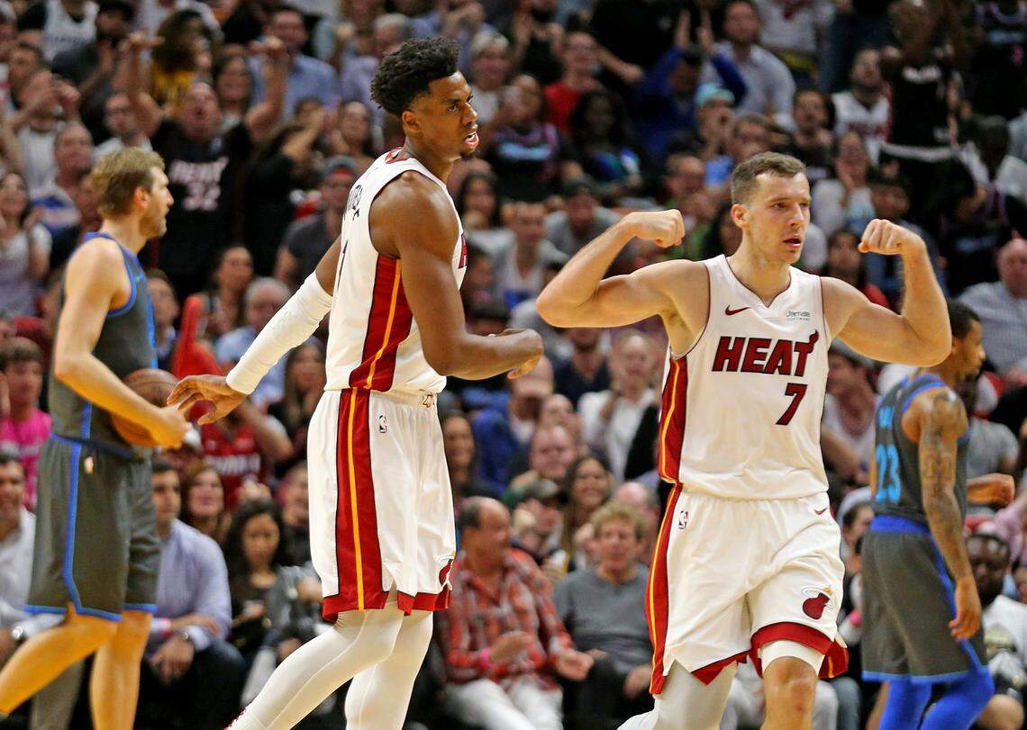 Miami Heat Goran Dragic (7) muscles-up after a basket in the fourth quarter as they play the Dallas Mavericks at the AmericaAirlines Arena in Miami, Florida, Thursday, March, 28, 2019.