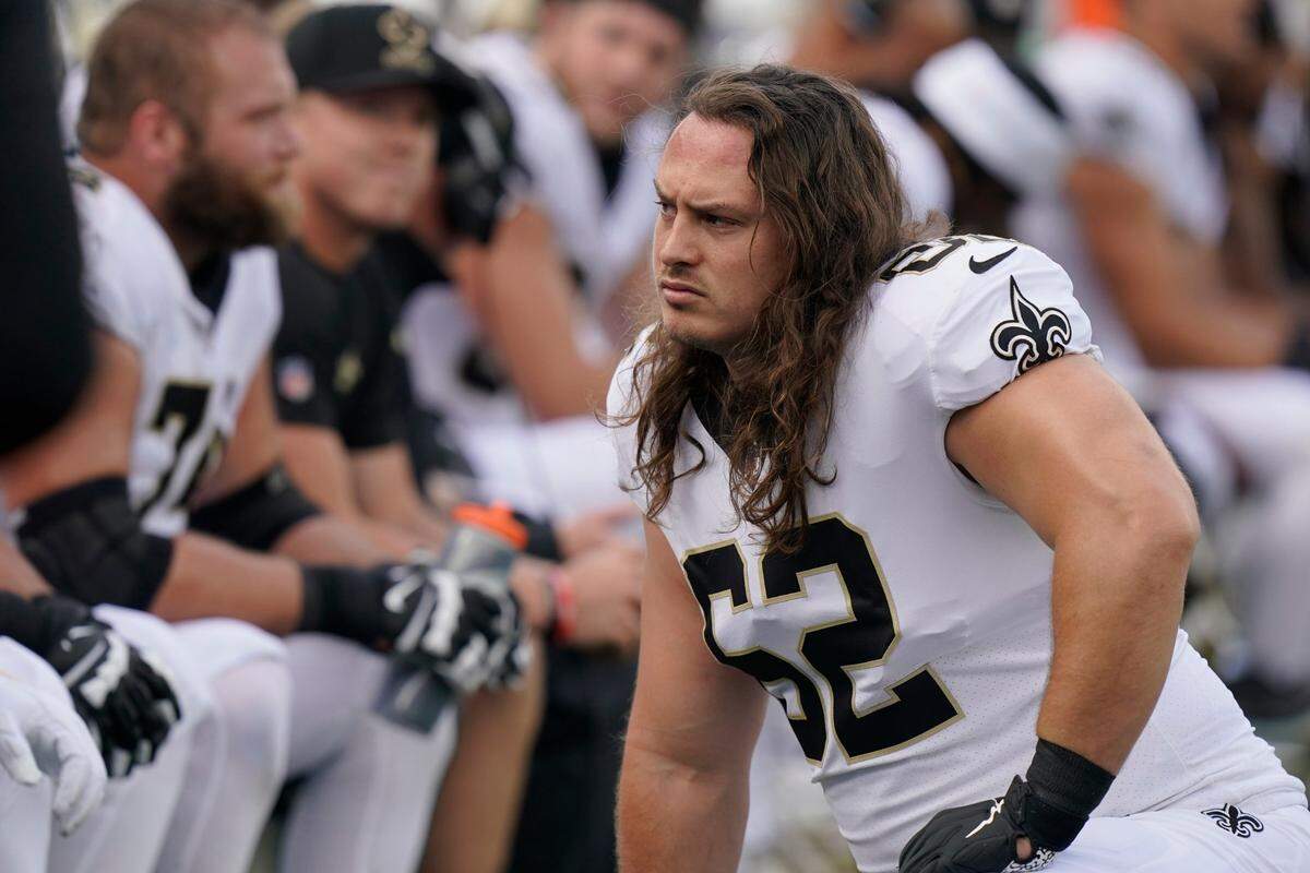 New Orleans Saints center Austin Reiter (62) during the first half of an NFL football game, Sunday, Sept. 26, 2021, in Foxborough, Mass. (AP Photo/Steven Senne)
