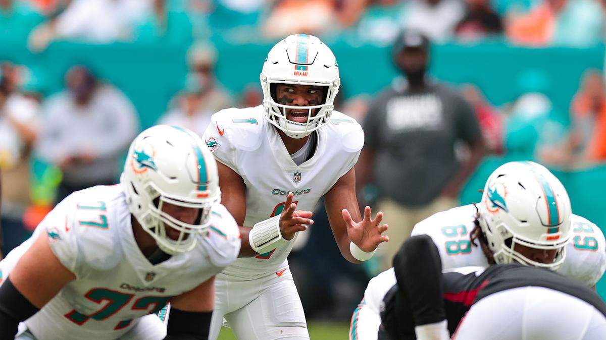 Miami Dolphins quarterback Tua Tagovailoa (1) calls a play during second quarter of an NFL football game against the Atlanta Falcons at Hard Rock Stadium on Sunday, October 24, 2021 in Miami Gardens, Florida.