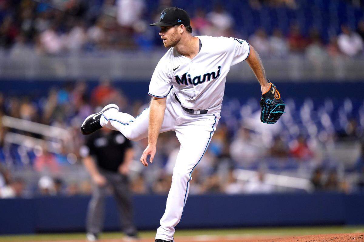 Miami Marlins starting pitcher Anthony Bender follows through on a delivery during the first inning of the team’s baseball game against the San Diego Padres, Thursday, July 22, 2021, in Miami. (AP Photo/Lynne Sladky)