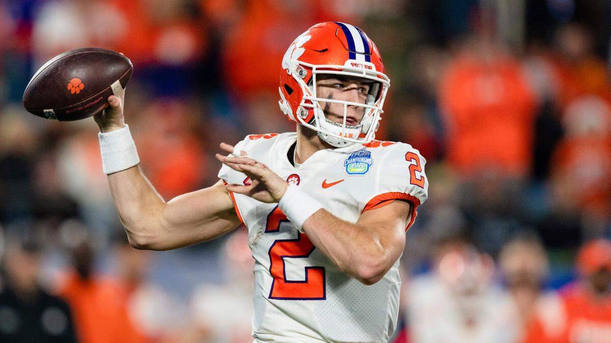 Clemson quarterback Cade Klubnik (2) throws against North Carolina during the Atlantic Coast Conference championship NCAA college football game on Saturday, Dec. 3, 2022, in Charlotte, N.C. (AP Photo/Jacob Kupferman)