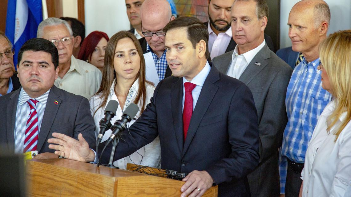 U.S. Sen. Marco Rubio, Sen. Rick Scott, and U.S. Rep. Mario Diaz-Balart joined Venezuelan, Colombian, and Cuban community leaders throughout South Florida to speak to the media about the need for U.S. military support to supply humanitarian aid while defending freedom and democracy in Venezuela. They were gathered at Las Vegas Cuban Cuisine restaurant in Doral, Florida, on Friday, May 3, 2019.