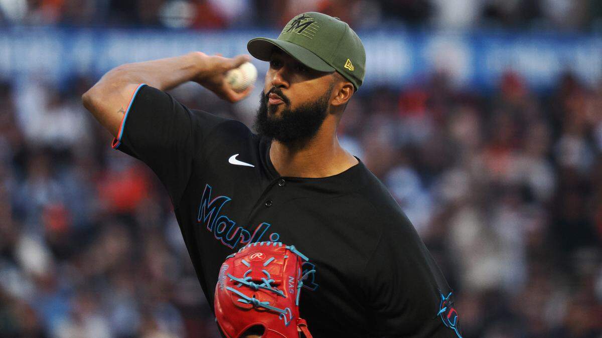 May 19, 2023; San Francisco, California, USA; Miami Marlins starting pitcher Sandy Alcantara (22) pitches the ball against the San Francisco Giants during the second inning at Oracle Park. Mandatory Credit: Kelley L Cox-USA TODAY Sports