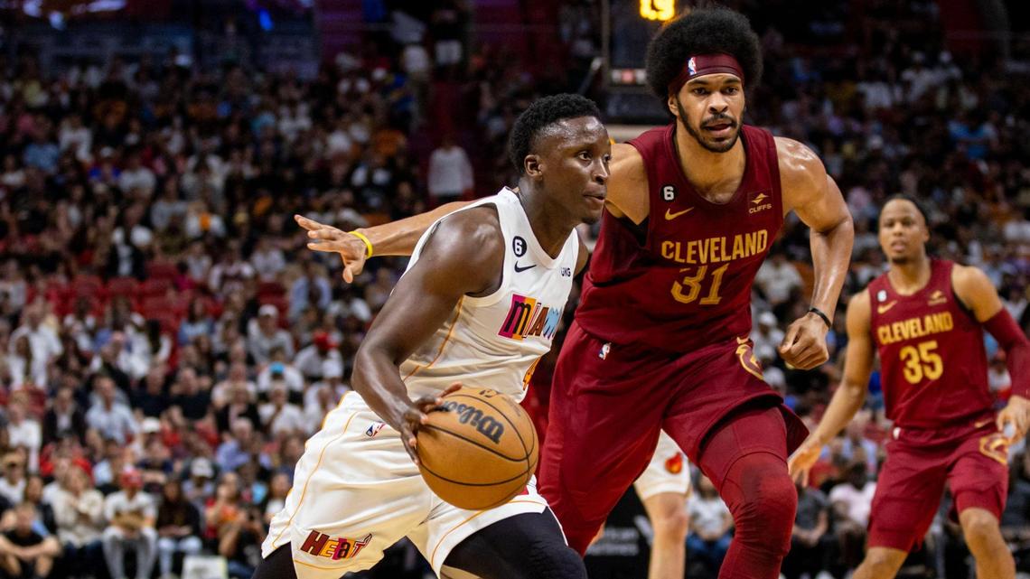 Miami Heat guard Victor Oladipo (4) drives on Cleveland Cavaliers center Jarrett Allen (31) during the second quarter of an NBA game at Miami-Dade Arena in Downtown Miami, Florida, on Wednesday, March 8, 2023.