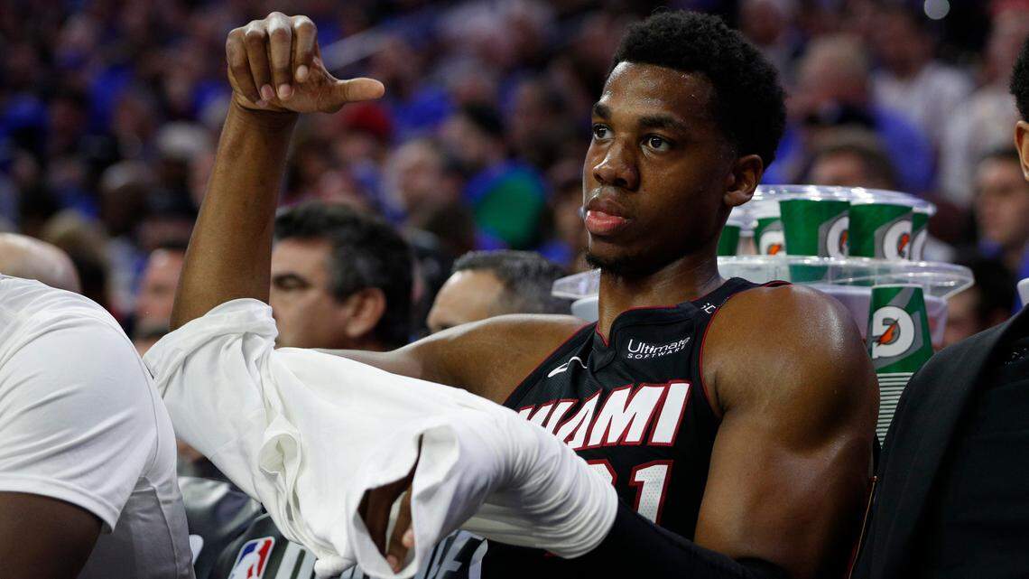 Miami Heat's Hassan Whiteside looks on from the bench during the first half in Game 1 of a first-round NBA basketball playoff series against the Philadelphia 76ers, Sat., April 14, 2018, in Philadelphia. The 76ers won 130-103.