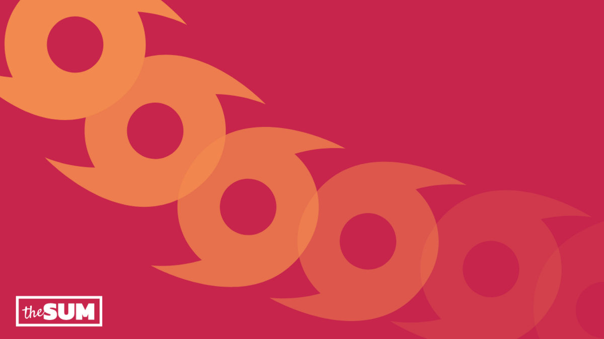 Orange hurricane icons swirl over a red background. 