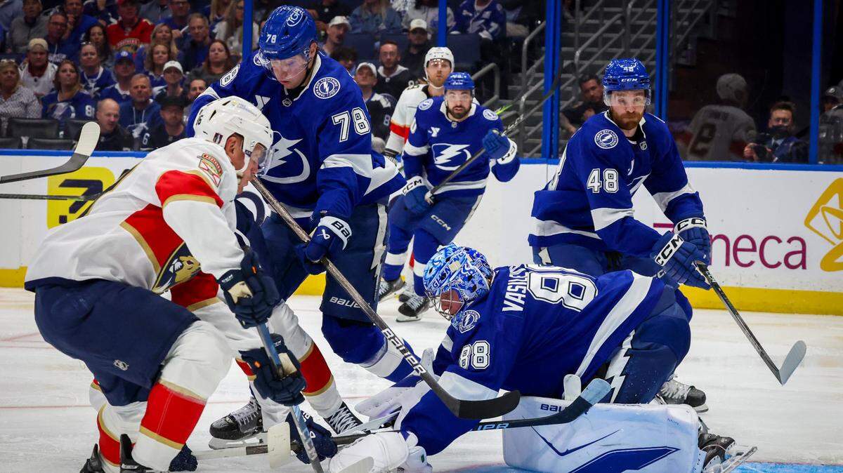 Tampa Bay Lightning goaltender Andrei Vasilevskiy (88) looks on as Florida Panthers defenseman Nate Schmidt (88) moves in to score during the second period in Game 1 in the first round of the Stanley Cup Playoffs Tuesday, April 22, 2025 in Tampa.