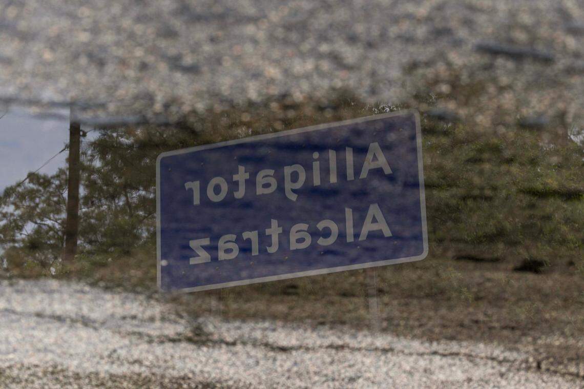 Signage for Alligator Alcatraz is seen in the reflection of a puddle outside the entrance to the center on Sunday, July 13, 2025, in Ochopee, Fla.