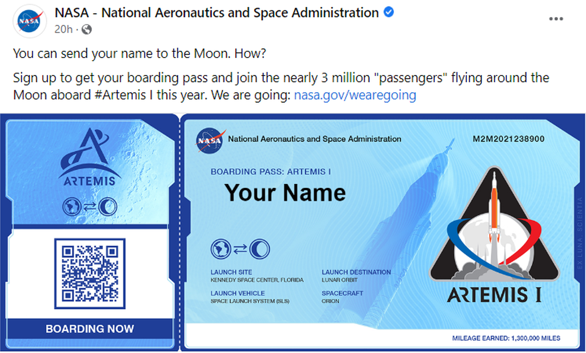 All 3 million who sign up will receive a “boarding pass” like this, NASA says.