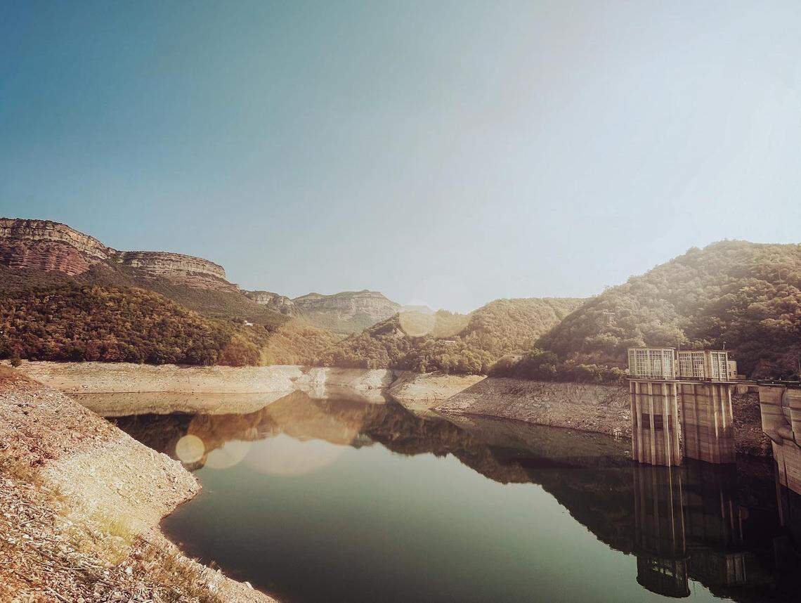Water levels remain low in the reservoir surrounding the Church of Sant Romà in northeast Spain on Aug. 14.