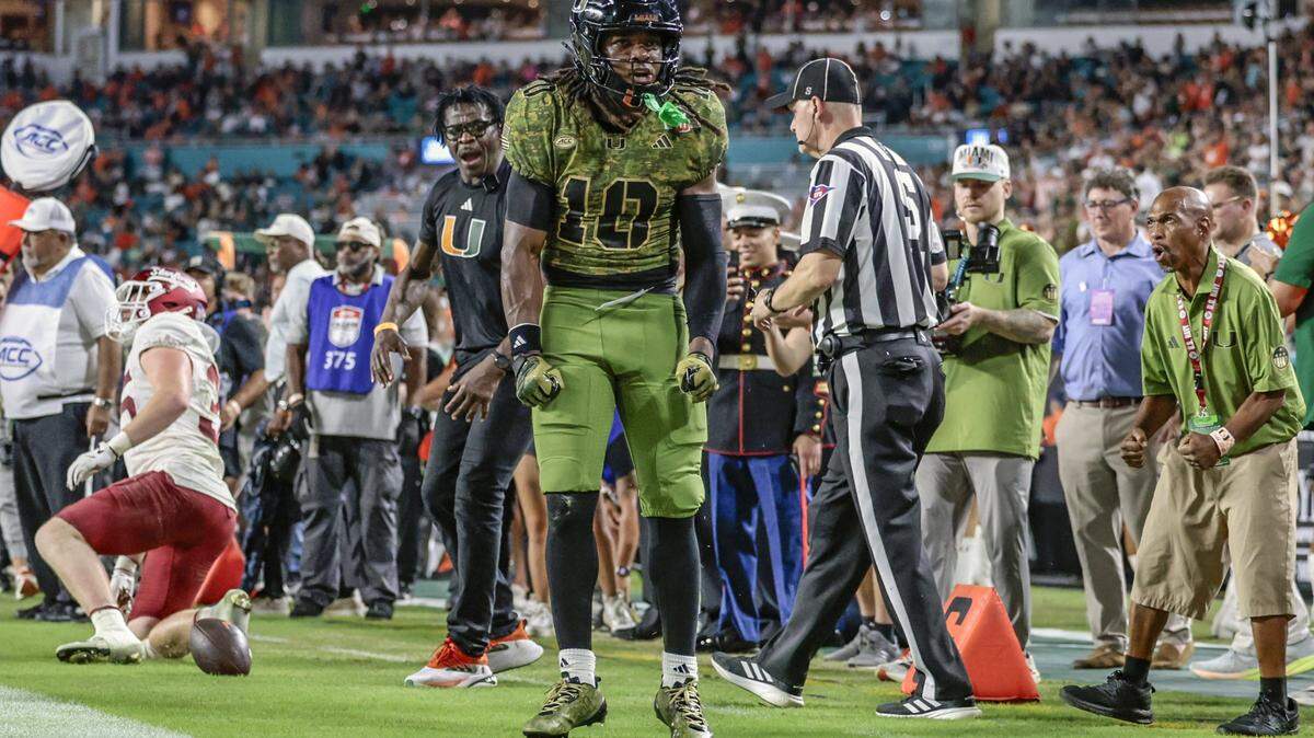 Miami Hurricanes wide receiver Malachi Toney (10) reacts after earning a first down against the Stanford Cardinal in the first half during their NCAA football game at Hard Rock Stadium in Miami Gardens, Florida, on Saturday, October 25, 2025.