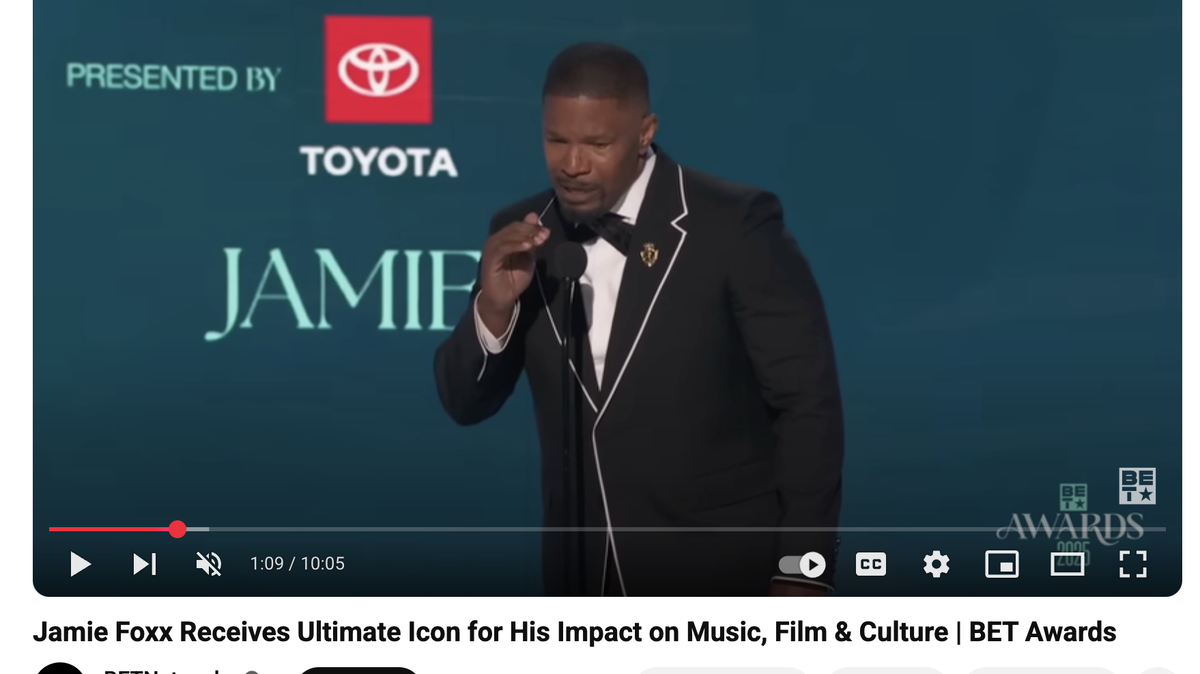 Jamie Foxx gets emotional while accepting an award at the BET awards.