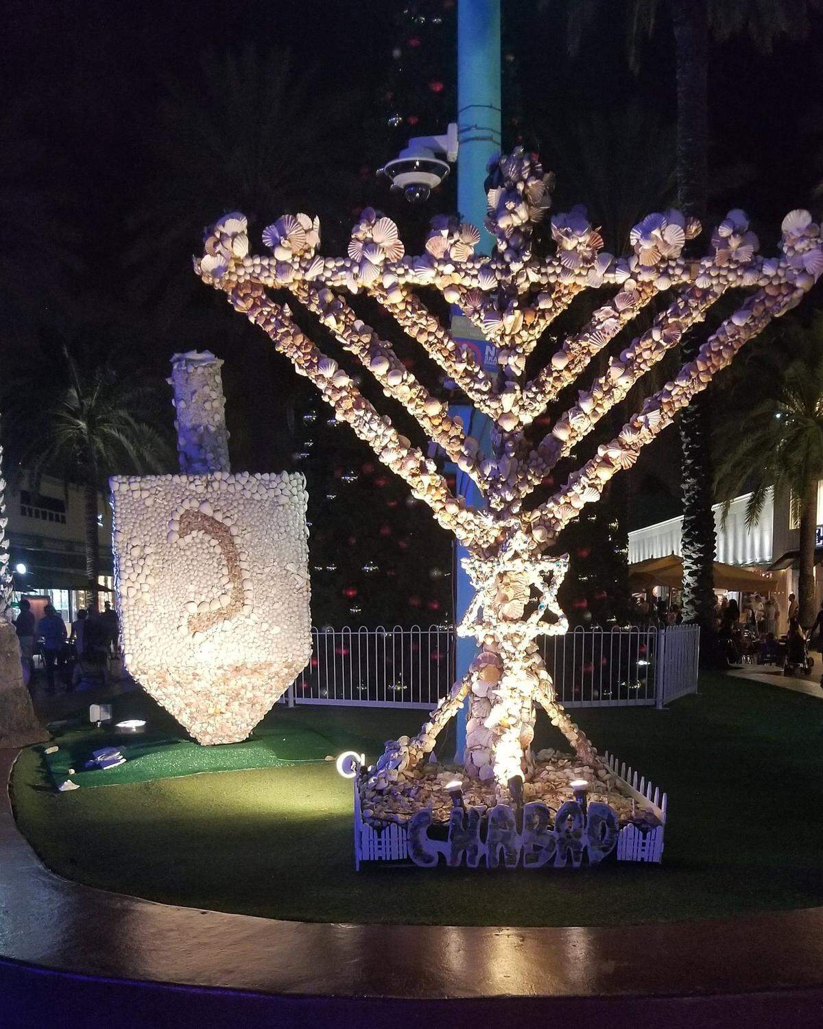 The menorah and the dreidel on Lincoln Road in Miami Beach.