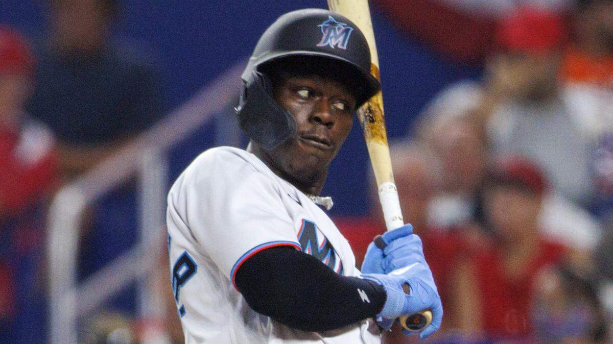 Miami Marlins second baseman Jazz Chisholm Jr. (2) reacts after a pitch during the second inning of the baseball game against the St. Louis Cardinals at LoanDepot Park on Tuesday, April 19, 2022 in Miami, Florida.