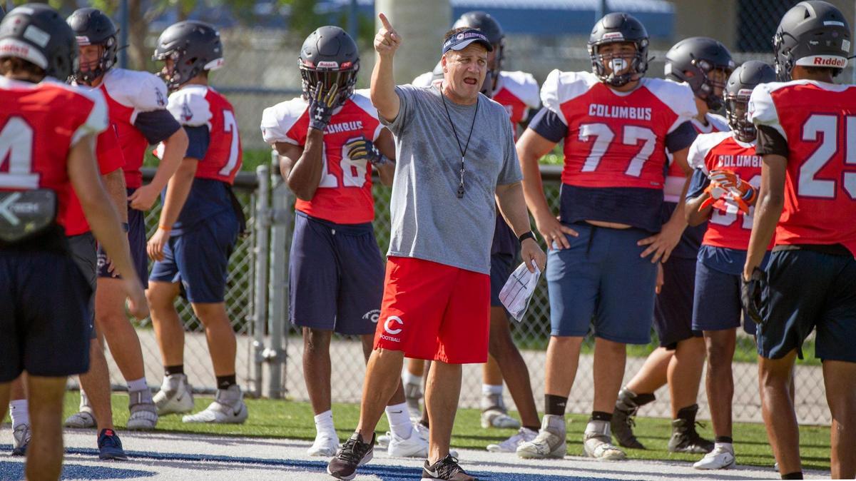 Christopher Columbus High School coach Dave Dunn speaks to his players during practice on Thursday, August 4, 2022.