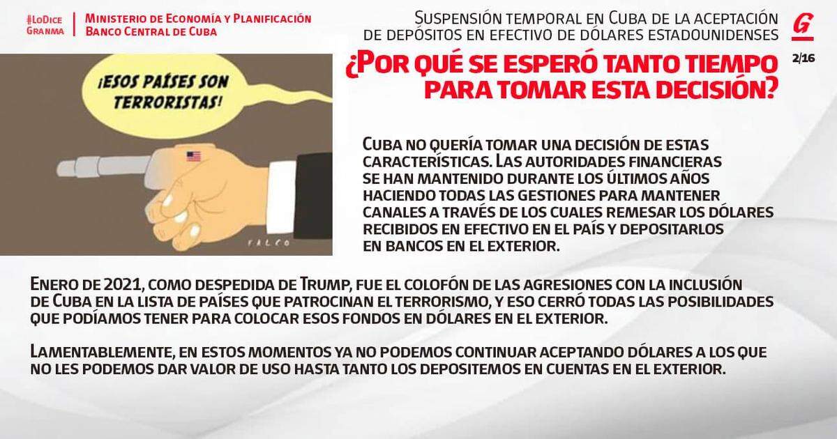 El gobierno cubano ha informado en las redes sociales su decisión de suspender los depósitos en efectivo de dólares.