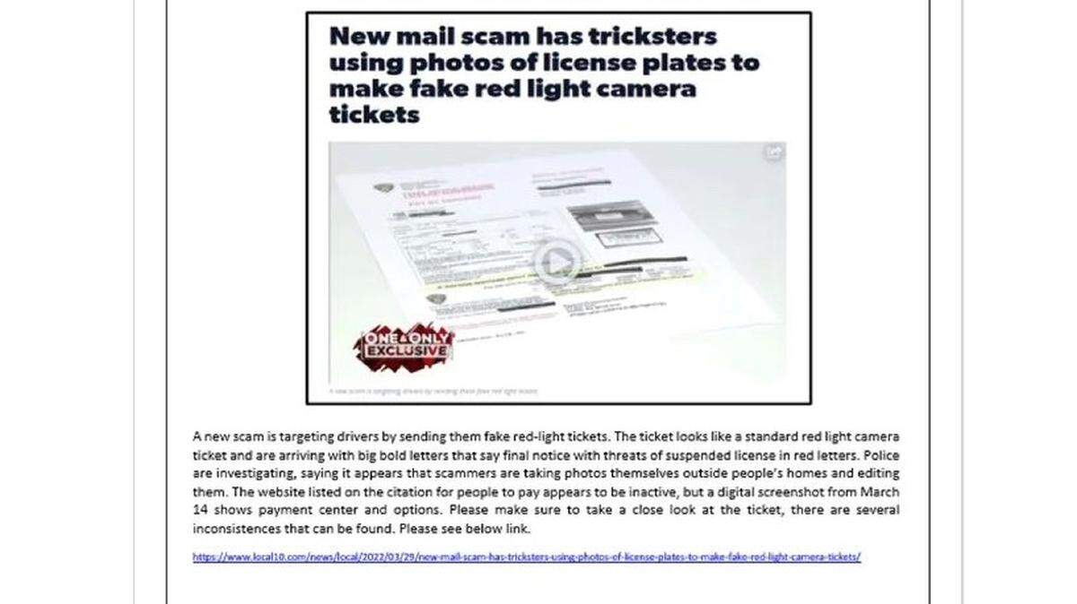 Police departments in several South Florida cities are alerting drivers about a new red-light ticket scam.