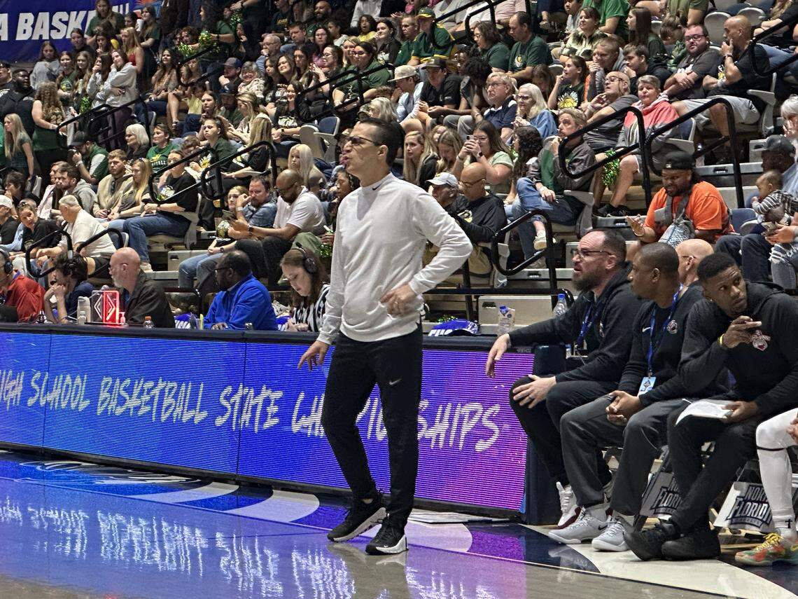 Pembroke Pines Charter’s Dave Roca coaches his team during Wednesday’s Class 5A state semifinal against Lecanto at UNF Arena in Jacksonville, Fla.