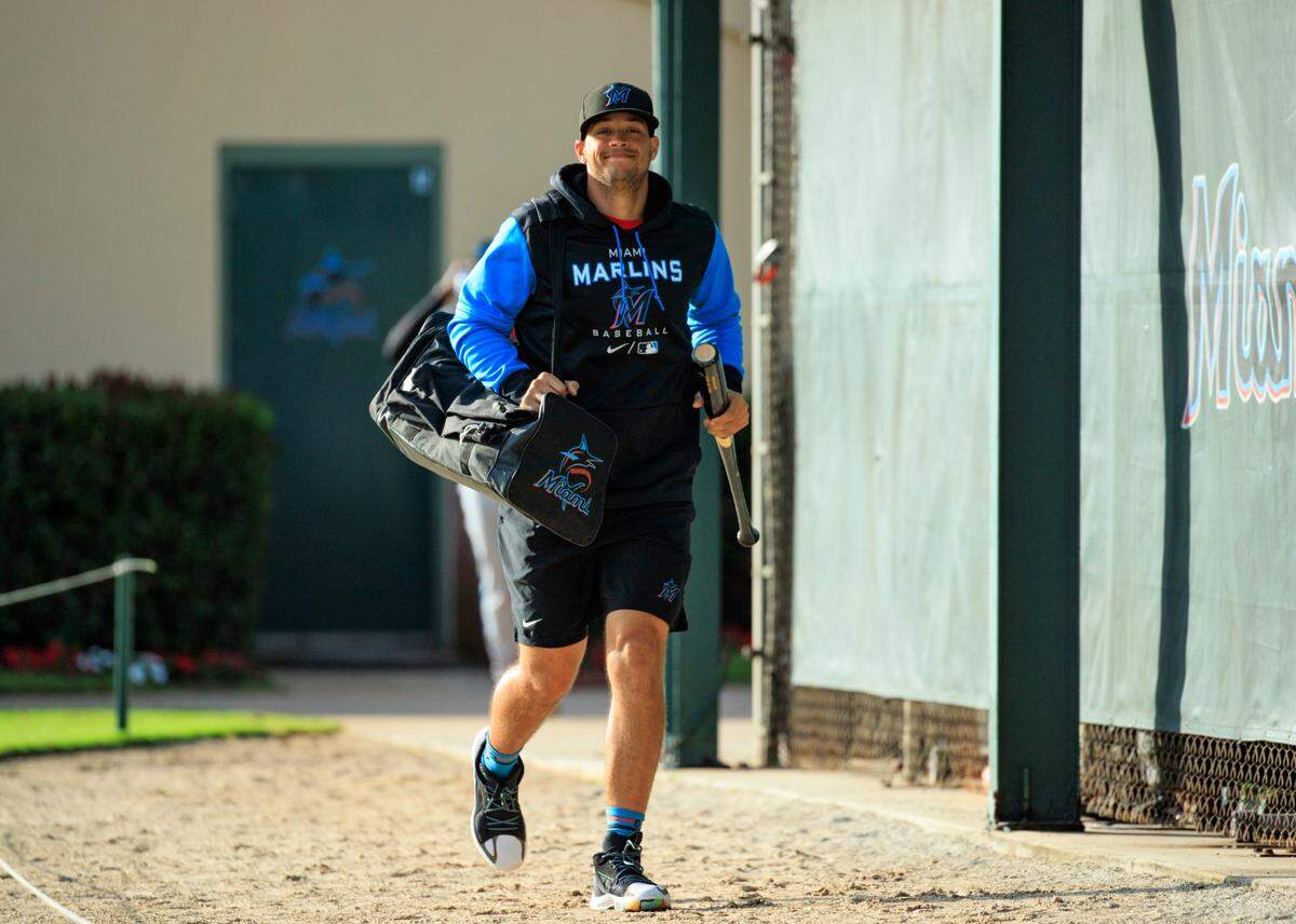 Miami Marlins infielder Joe Dunand runs during their spring training workout at Roger Dean Stadium on Tuesday, March 15, 2022 in Jupiter, FL.