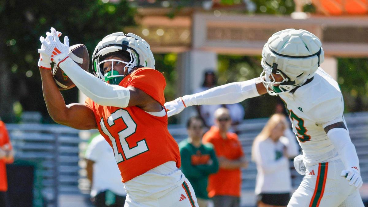 UM wide receiver Malachi Toney (12) catches a touchdown pass in the first half as during the Miami Hurricanes football spring game at Cobb Stadium on UM’s campus in Coral Gables, Florida on Saturday, April 12, 2025.
