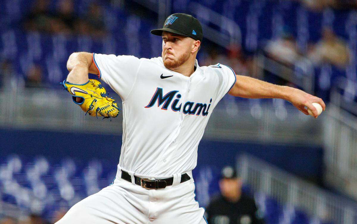 Miami Marlins starting pitcher Trevor Rogers (28) pitches during the third inning of a baseball game against the Tampa Bay Rays at LoanDepot Park on Wednesday, August 31, 2022 in Miami, Florida.