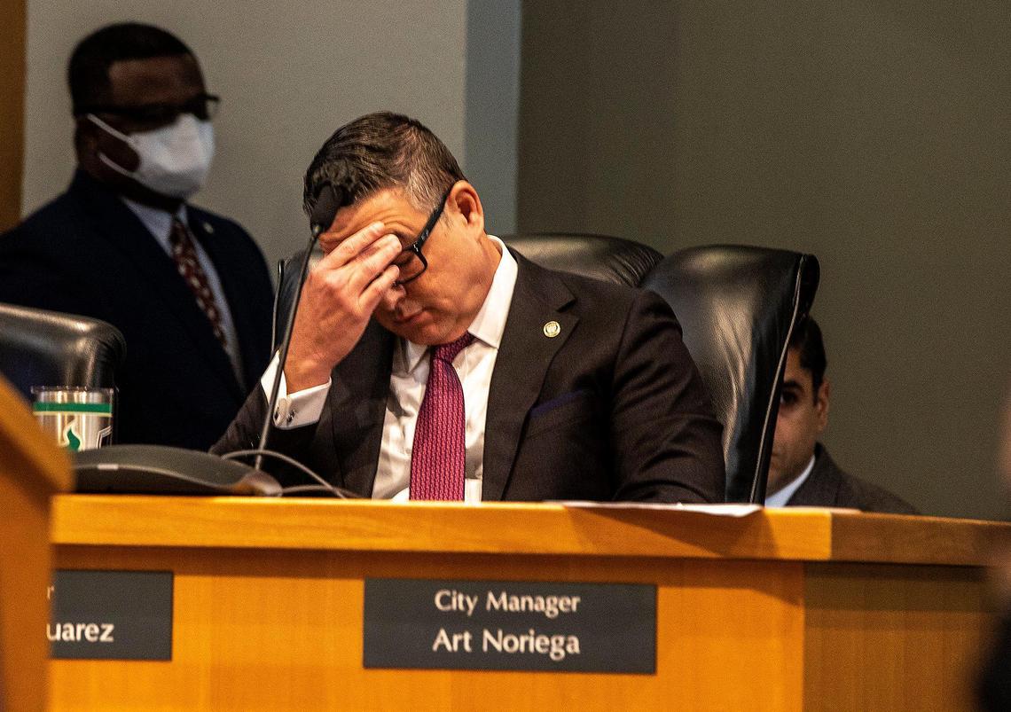 Miami City Manager Art Noriega reacts during the special city commission meeting to determine the fate of embattled Miami Police Chief Art Acevedo on Thursday, Oct. 14, 2021. Noriega hired Acevedo, with the support of Mayor Francis Suarez.