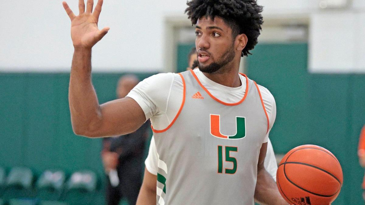 Miami Hurricanes forward Norchad Omier (15) gestures during drills in the practice facility at the University of Miami on Thursday, October 20, 2022.