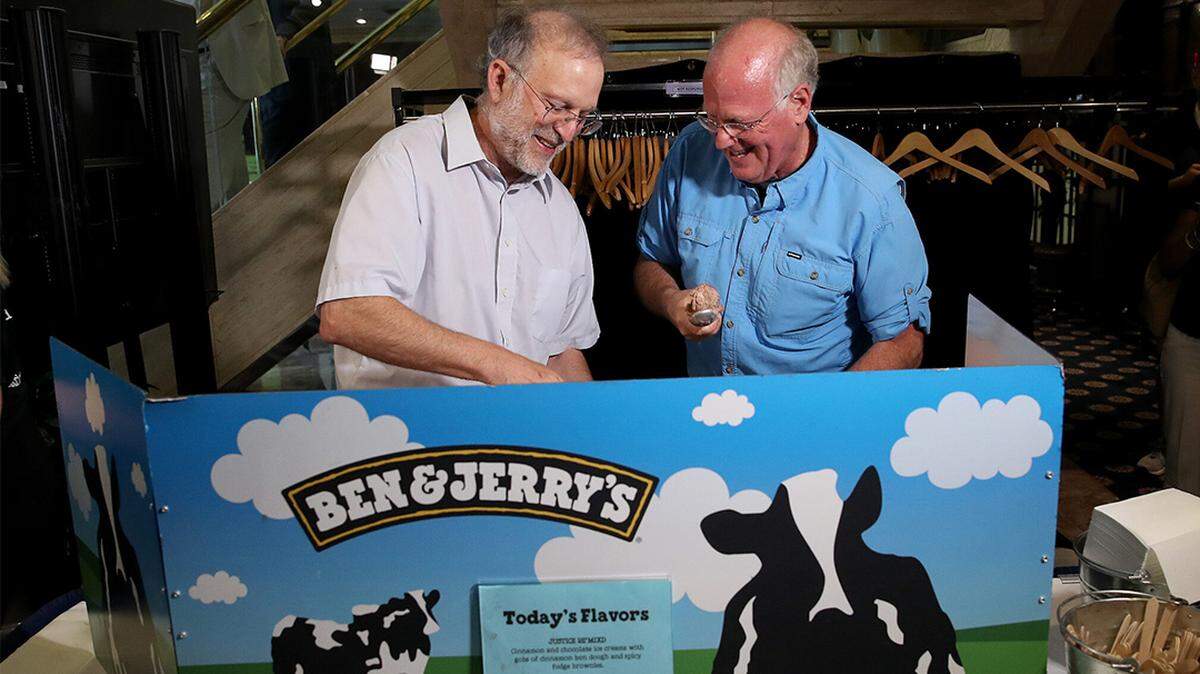 Ben & Jerry’s co-founders Jerry Greenfield, left, and Ben Cohen , shown here in 2019, announced that the company was ending sales in “Occupied Palestinian Territory” — Jewish settlements in the West Bank and East Jerusalem.