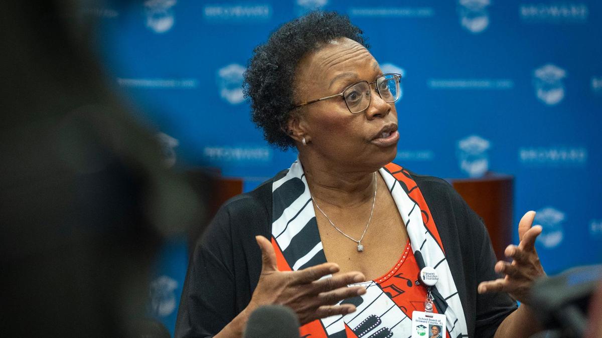 Fort Lauderdale, Florida - June 29, 2023 - Interim Broward School Board Superintendent Dr. Earlean C. Smiley speaks to reporter during a press conference after she adjourned a special School Board meeting because of a lack of quorum. The board was going to vote on the contract with the new superintendent, Dr. Peter B. Licata.