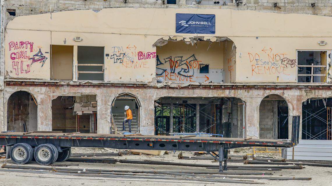 The rear portion of the Coconut Grove Playhouse has been fully demolished as the work continues on Wednesday, January 14, 2026 in Miami, Florida.