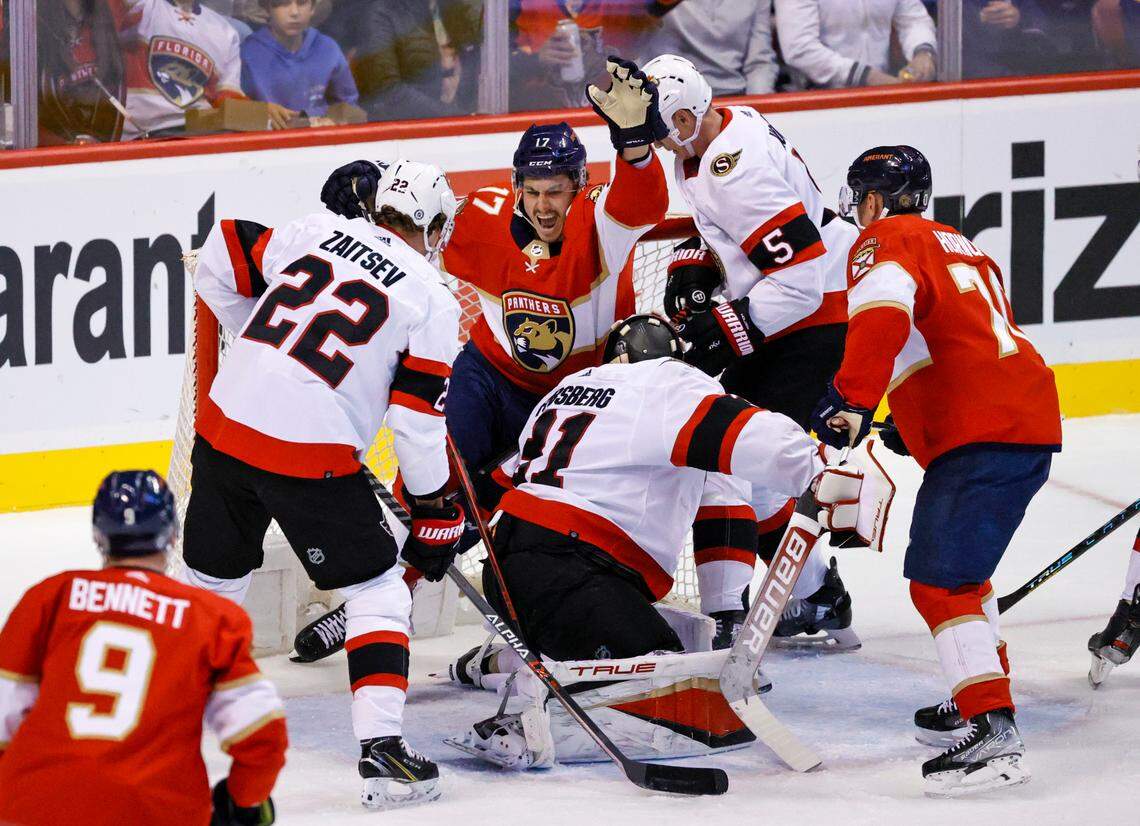 Florida Panthers left wing Mason Marchment (17) reacts after scoring a power play goal during the first period of an NHL game against the Ottawa Senators at the FLA Live Arena on Thursday, March 3, 2022 in Sunrise, Fl.