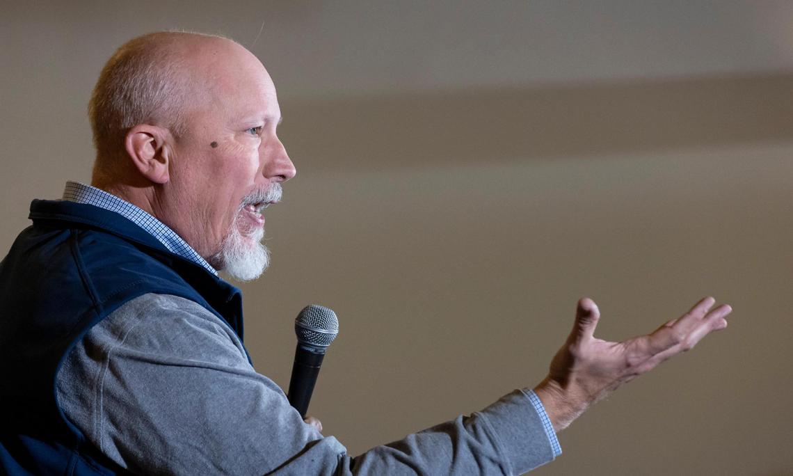 Rep. Chip Roy, R-Tx., speaks in support of Florida Governor Ron DeSantis during a rally at The District Venue on Sunday, Jan. 14, 2023, in Ankeny, Iowa.