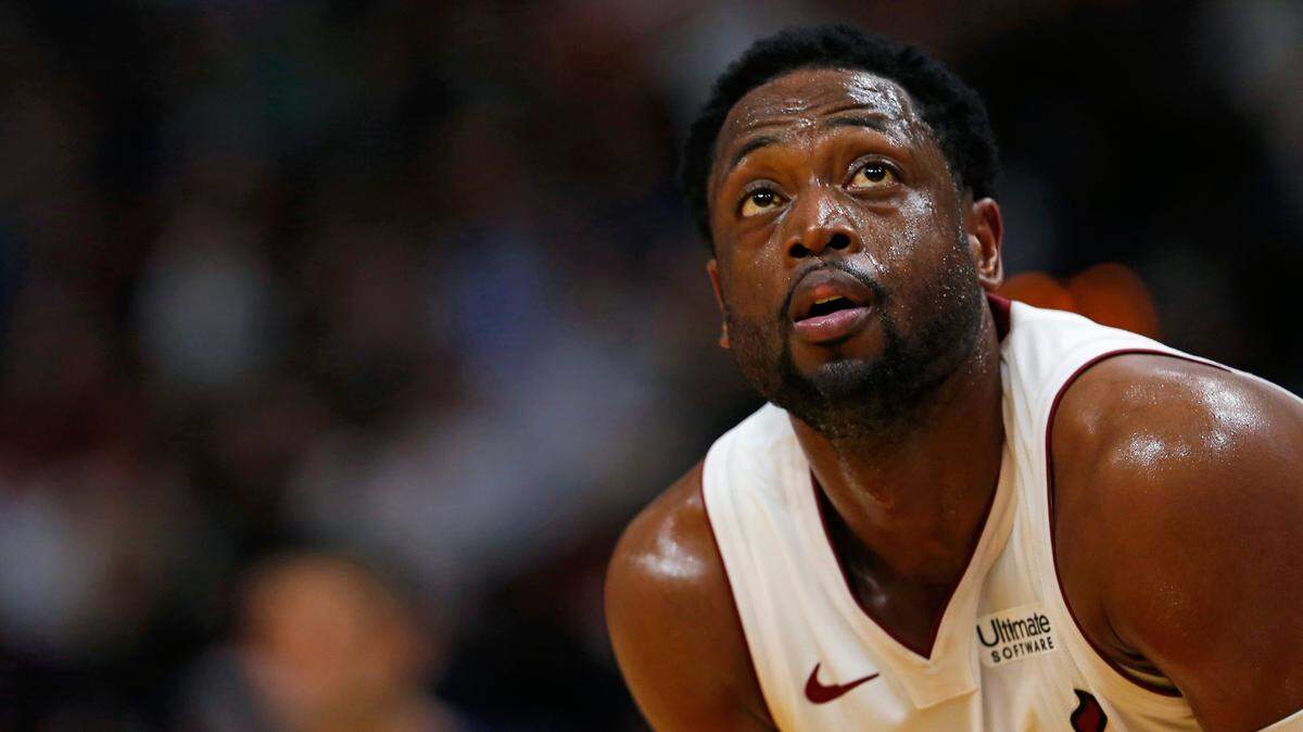 Miami Heat guard Dwyane Wade (3) looks on at the free throw line in the fourth quarter of an NBA basketball game against the LA Clippers at AmericanAirlines Arena on Wednesday, January 23, 2019 in Miami.