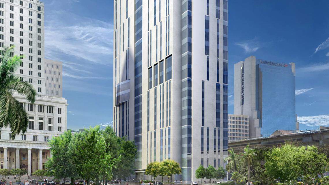 A rendering of the proposed civil courthouse in downtown Miami. The Miami-Dade County Commission is slated to vote on the proposal at a meeting on Dec. 3, 2019.